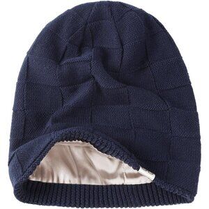 🔥Hat Hut Ski Unisex Women Blue Beanie Satin Lined Winter Slouchy Soft Warm Hats